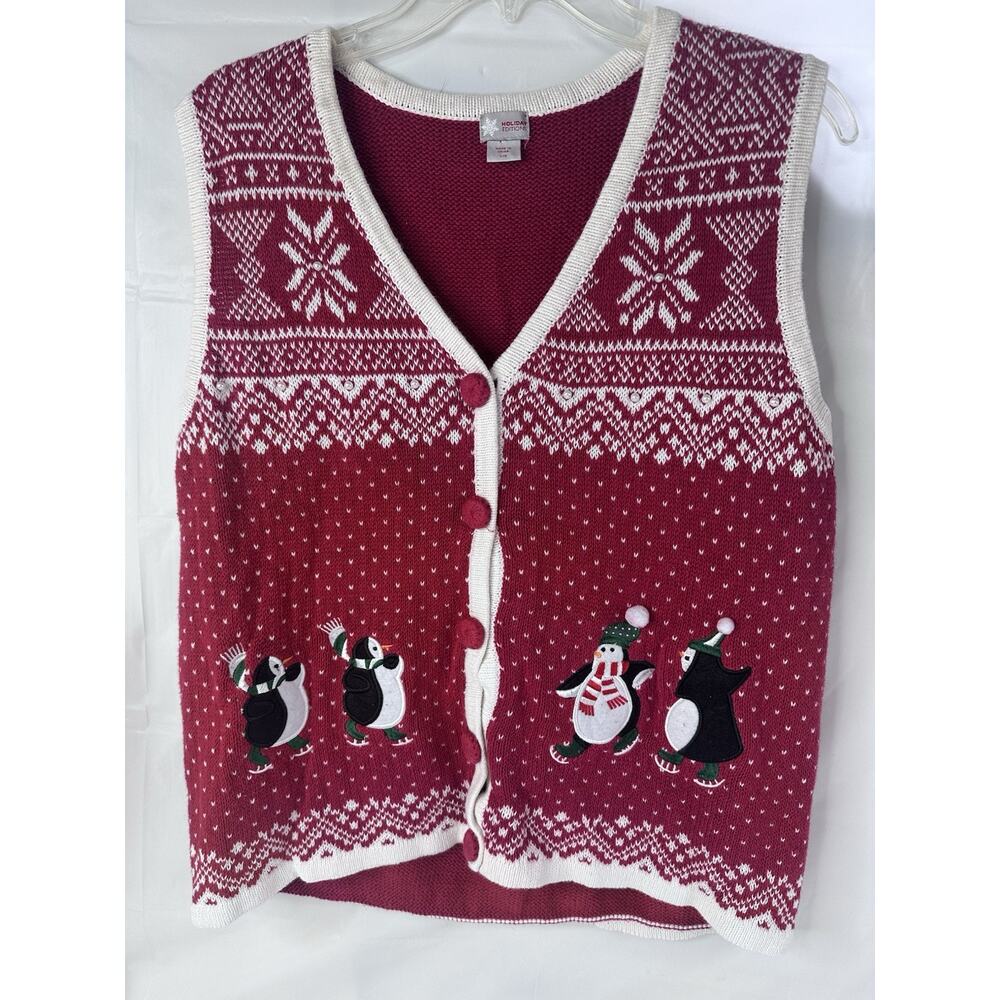 Christmas Sweater Vest Penguins Nordic Snowflakes Holiday Editions Large Knitted